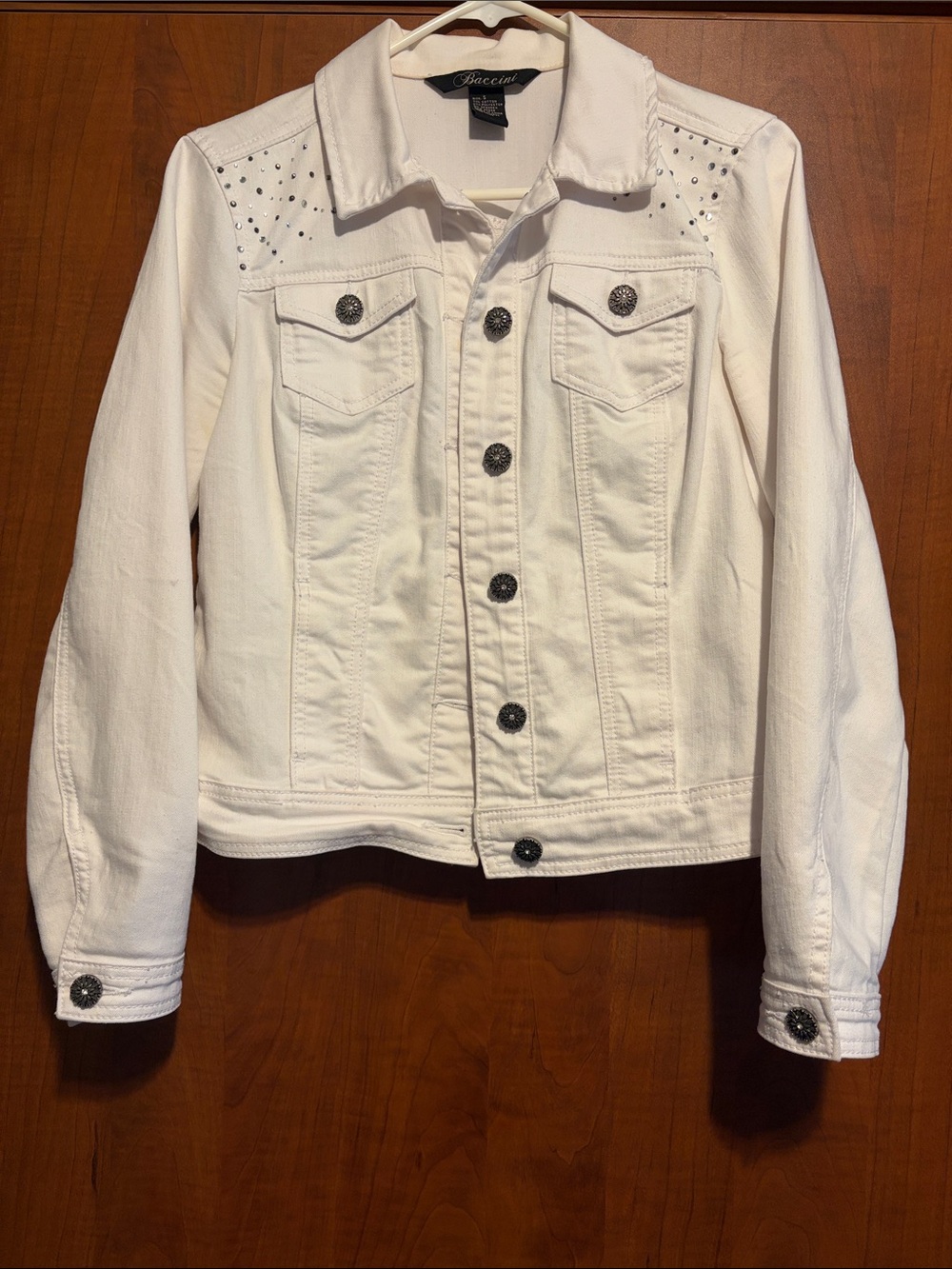 Baccini White Denim Jacket with Stud Shoulder Accents